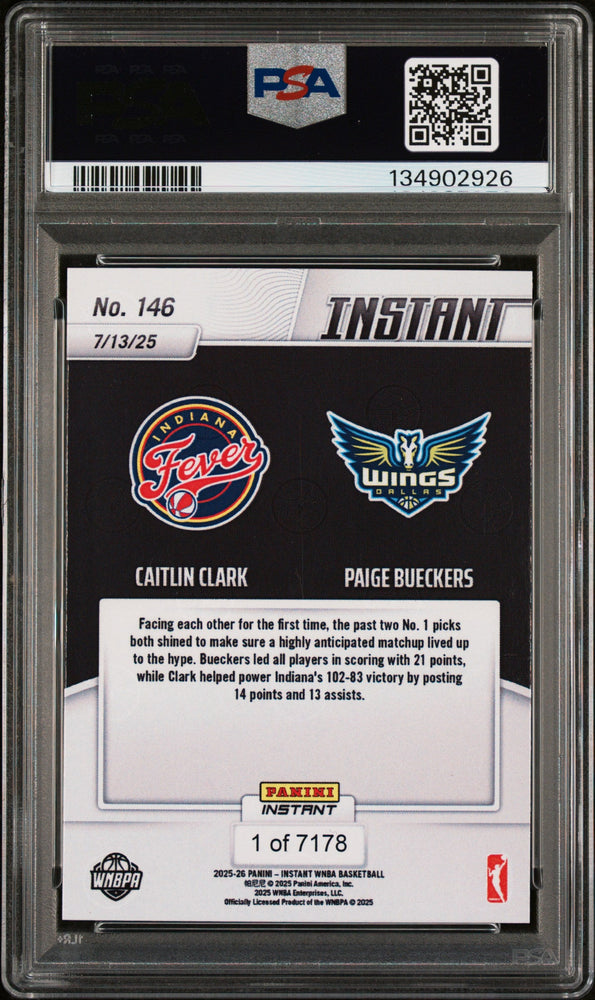 Graded 2025 Panini Instant Caitlin Clark/Paige Bueckers #146 Basketball Card PSA 9 Mint (ONLINE ORDER ONLY)
