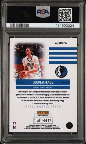 Graded 2025 Panini Instant Cooper Flagg #RRR16 Rated Rookie Retro Rookie RC Basketball Card PSA 10 Gem Mint (ONLINE ORDER ONLY)
