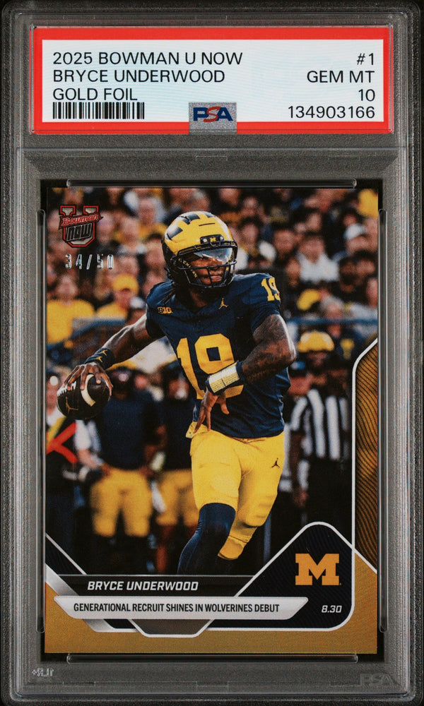 Graded 2025 Topps Bowman U Now Bryce Underwood #1 Gold Foil /50 Rookie RC Football Card PSA 10 Gem Mint (ONLINE ORDER ONLY)