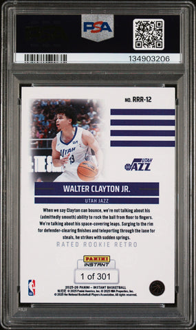 Graded 2025 Panini Instant Walter Clayton Jr. #RRR12 Rated Rookie Retro Rookie RC Basketball Card PSA 10 Gem Mint (ONLINE ORDER ONLY)