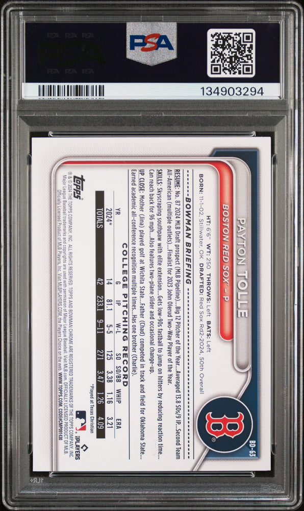 Graded 2024 Topps Bowman Draft Payton Tolle #BD63 Rookie RC Baseball Card PSA 10 Gem Mint