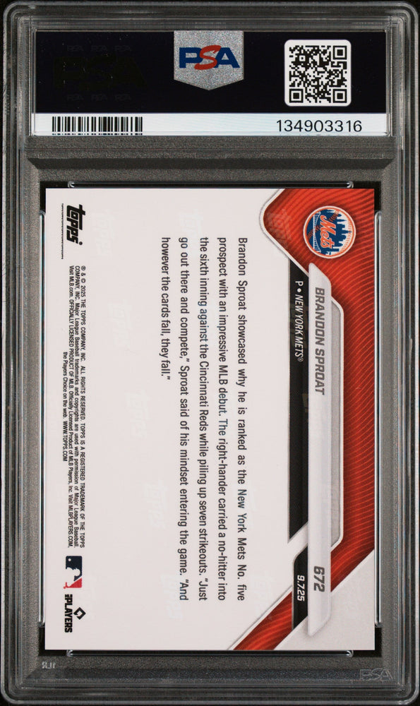 Graded 2025 Topps Now Brandon Sproat #672 Rookie RC Baseball Card PSA 10 Gem Mint (ONLINE ORDER ONLY)