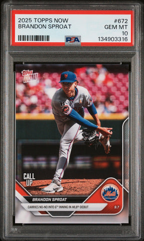 Graded 2025 Topps Now Brandon Sproat #672 Rookie RC Baseball Card PSA 10 Gem Mint (ONLINE ORDER ONLY)