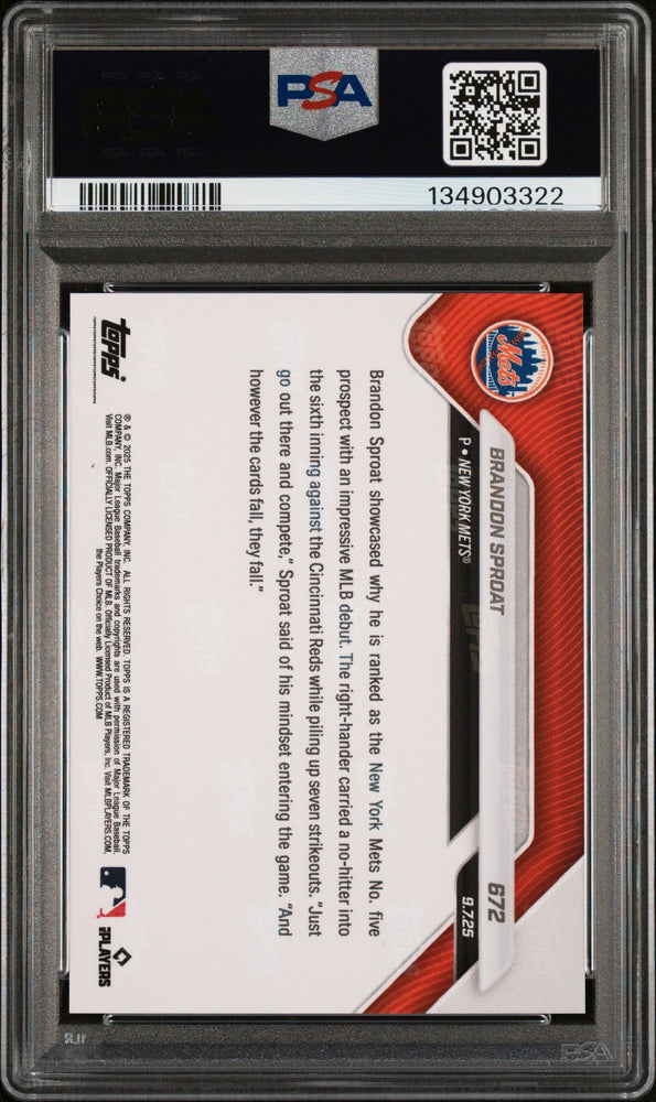 Graded 2025 Topps Now Brandon Sproat #672 Rookie RC Baseball Card PSA 9 Mint (ONLINE ORDER ONLY)