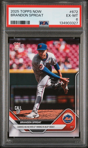 Graded 2025 Topps Now Brandon Sproat #672 Rookie RC Baseball Card PSA 6 Excellent (ONLINE ORDER ONLY)