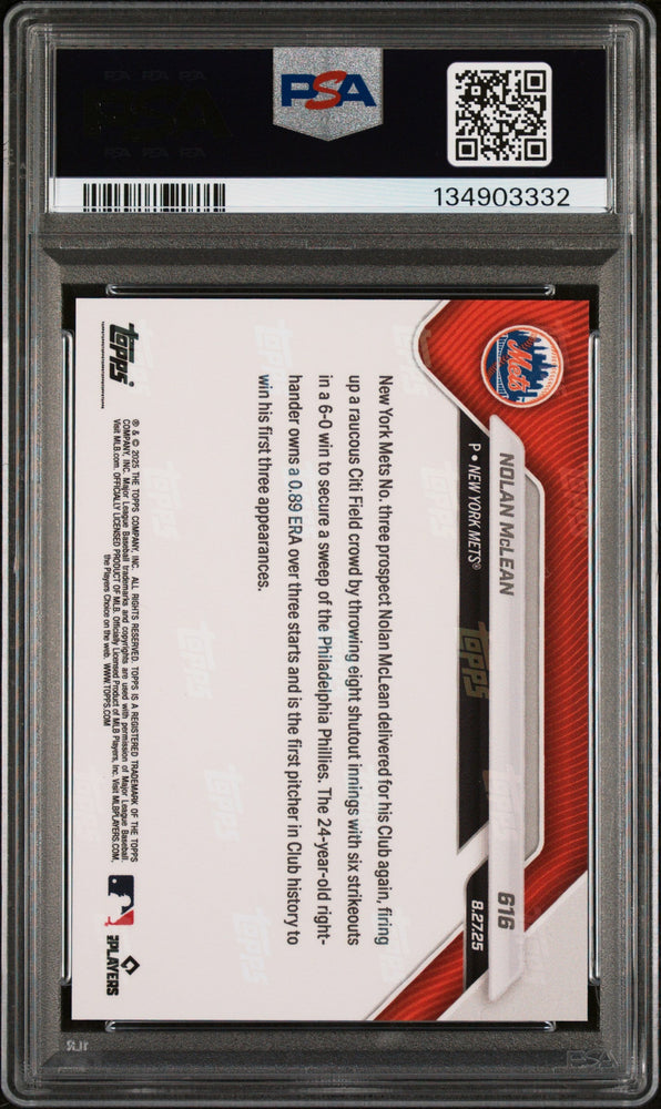 Graded 2025 Topps Now Nolan McLean #616 Rookie RC Baseball Card PSA 9 Mint (ONLINE ORDER ONLY)