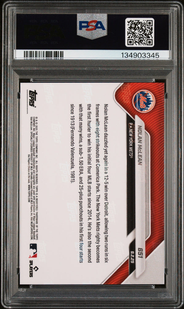 Graded 2025 Topps Now Nolan McLean #651 Rookie RC Baseball Card PSA 9 Mint (ONLINE ORDER ONLY)
