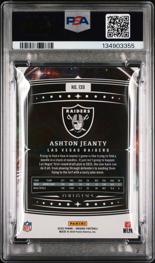 Graded 2025 Panini Origins Ashton Jeanty #139 Rookie RC Football Card PSA 10 Gem Mint (ONLINE ORDER ONLY)