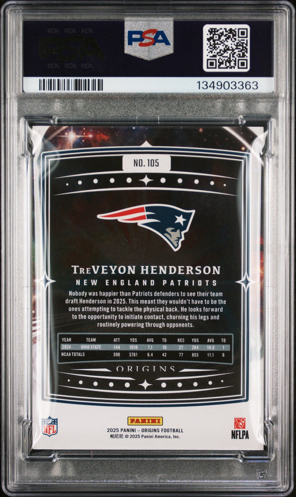 Graded 2025 Panini Origins TreVeyon Henderson #105 Rookie RC Football Card PSA 10 Gem Mint (ONLINE ORDER ONLY)