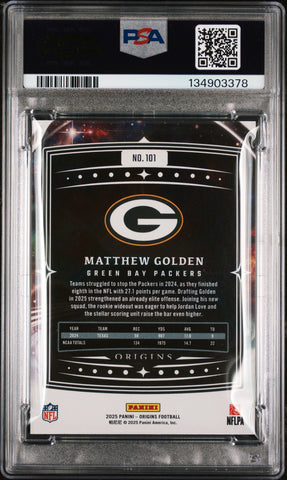 Graded 2025 Panini Origins Matthew Golden #101 Rookie RC Football Card PSA 9 Mint (ONLINE ORDER ONLY)
