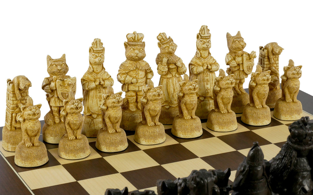 Chess Set  - Cats & Dogs Chess Pieces on Walnut/Sycamore Barcelona Chess Board (ONLINE ORDER ONLY)