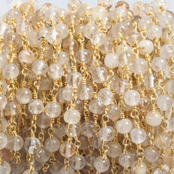 4.5mm Rutilated Quartz plain round Gold plated Chain by the foot 26 beads (ONLINE ORDER ONLY)