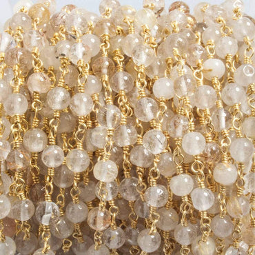 4.5mm Rutilated Quartz plain round Gold plated Chain by the foot 26 beads (ONLINE ORDER ONLY)