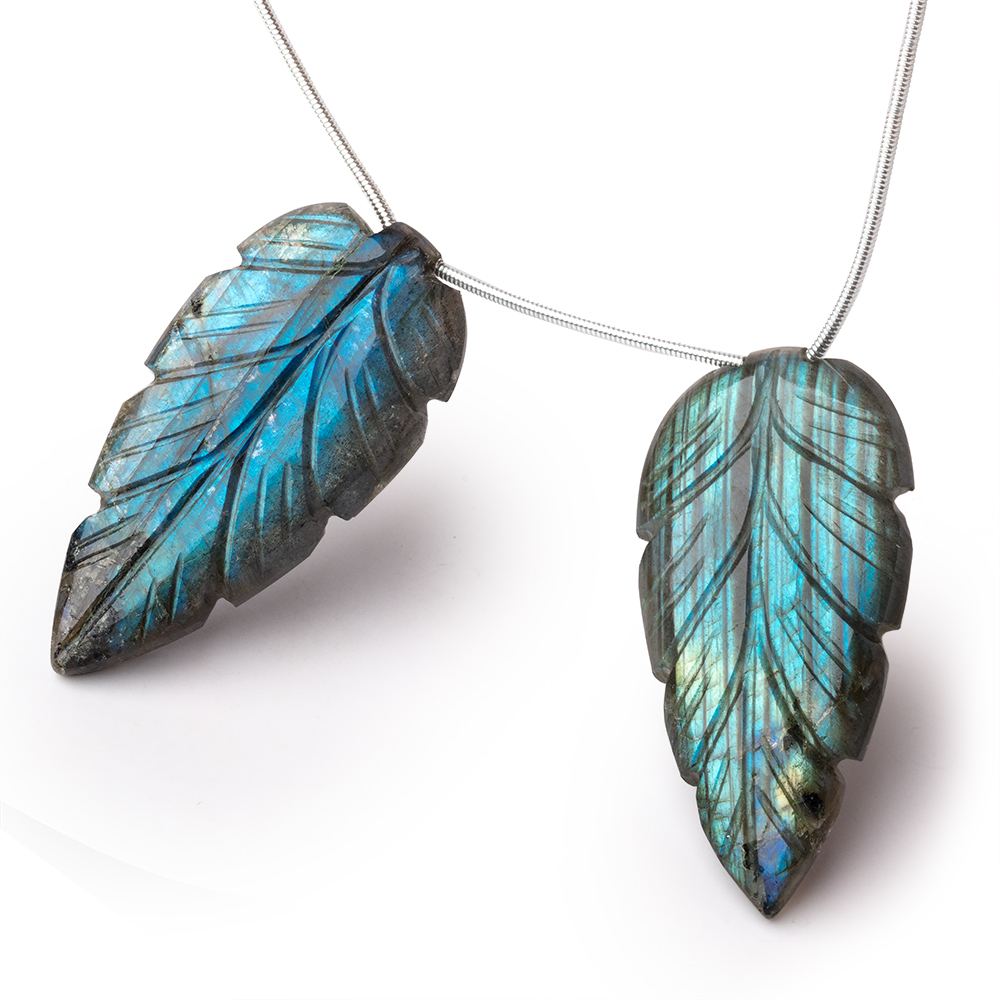 45x22mm Multi Color Labradorite Carved Leaf Focal Set of 2 Beads (ONLINE ORDER ONLY)