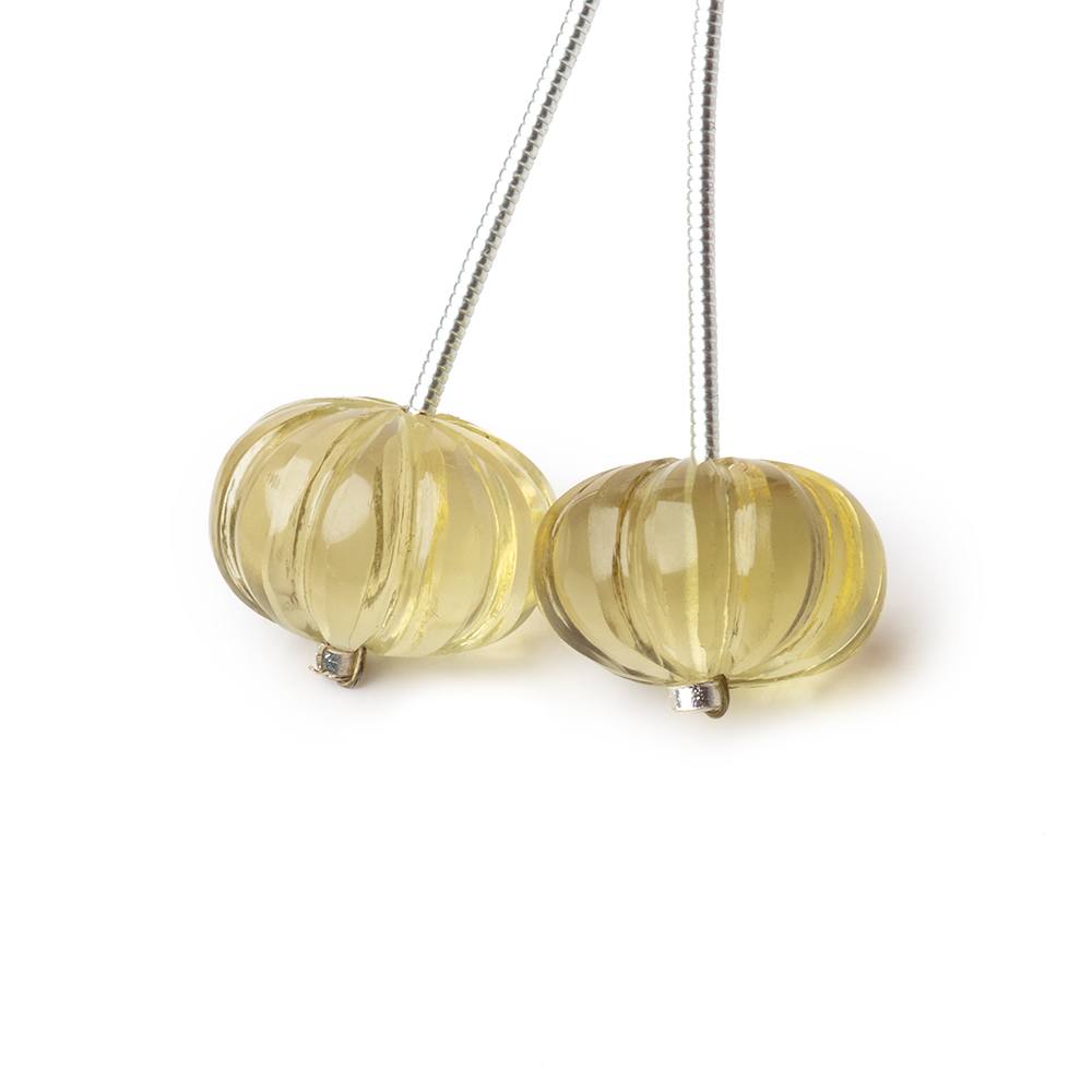 13-14mm Lemon Quartz Carved Melon Focals Set of 2 Beads (ONLINE ORDER ONLY)