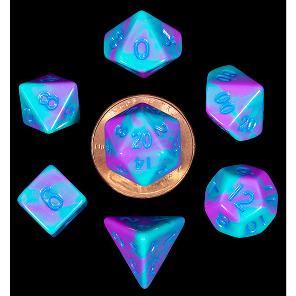 Mini Polyhedral Dice Set: Purple / Teal with Blue Numbers (Online Order Only)