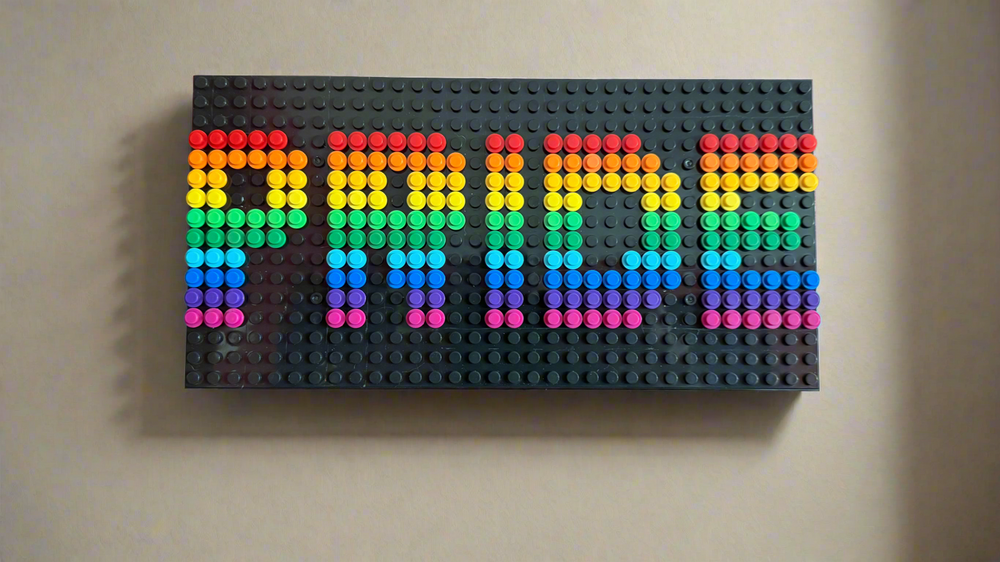 Build-It-Yourself DIY Pride Pixel Art Sign Kit – 32x16 Studs | Rainbow Mosaic on Black Base (ONLINE ORDER ONLY)