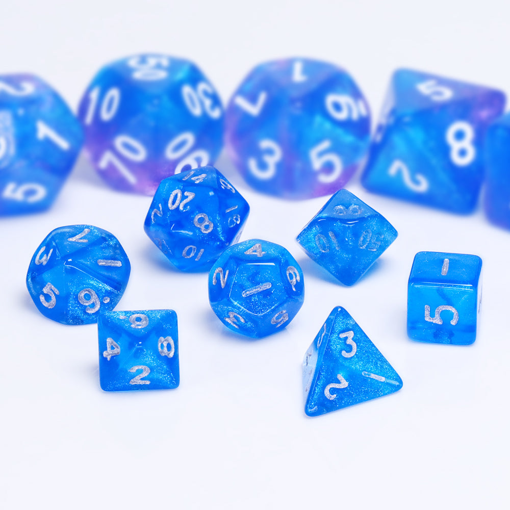 Glitter Blue 7-Dice Mini-Dice RPG Set w/Silver Numbers Miniature Dice (Online Only)