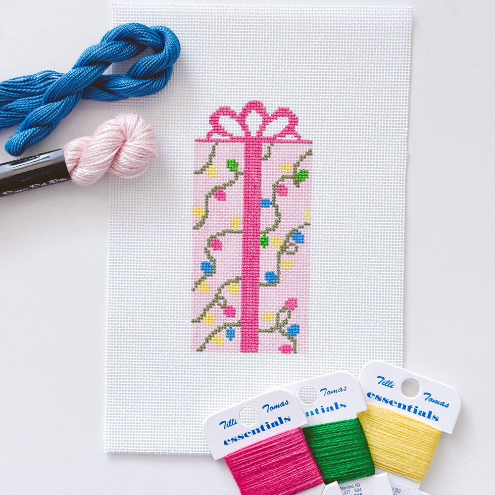 Cotswold Co Designs - Pink Present Christmas Needlepoint Canvas 18 Mesh 2.5”x5” Design, Bow Christmas Needlepoint Ornament, Modern Needlepoint (ONLINE ORDER ONLY)