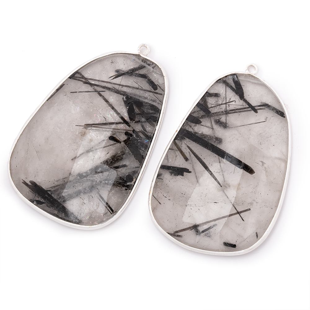 47x32mm .925 Silver Bezel Tourmalinated Quartz Faceted Freeform Set of 2 Pendants (ONLINE ORDER ONLY)