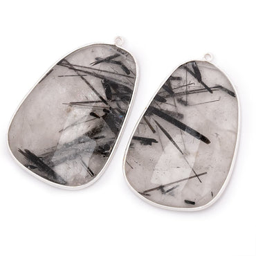47x32mm .925 Silver Bezel Tourmalinated Quartz Faceted Freeform Set of 2 Pendants (ONLINE ORDER ONLY)