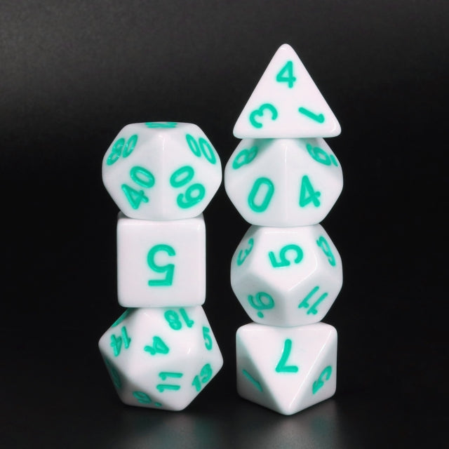White Opaque with Teal Numbering 7-Dice Set RPG (Online Only)
