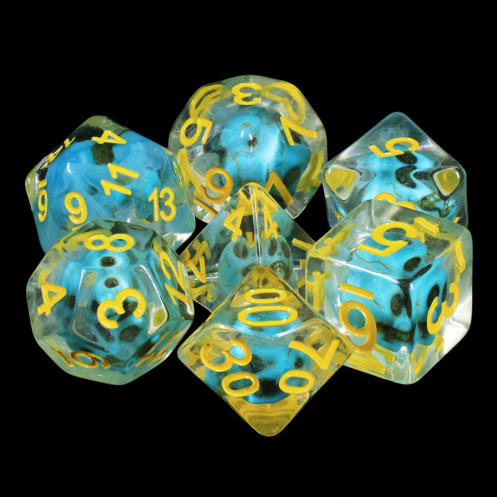 Turquoise Treasure Skull Dice Blue/Yellow Halloween Resin 7-Dice (Online Only)