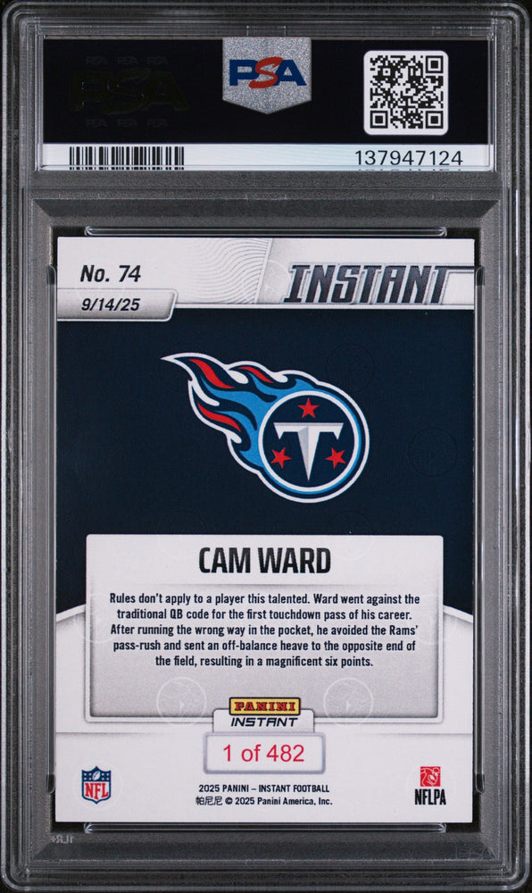 Graded 2025 Panini Instant NFL Cam Ward #74 Rookie RC Football Card PSA 10 Gem Mint