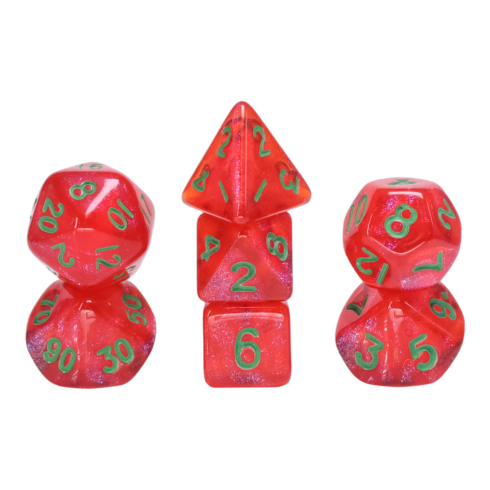 Glitter Red 7-Dice Mini-Dice RPG Set w/Green Numbers Miniature Dice (Online Only)