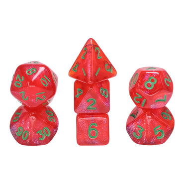 Glitter Red 7-Dice Mini-Dice RPG Set w/Green Numbers Miniature Dice (Online Only)