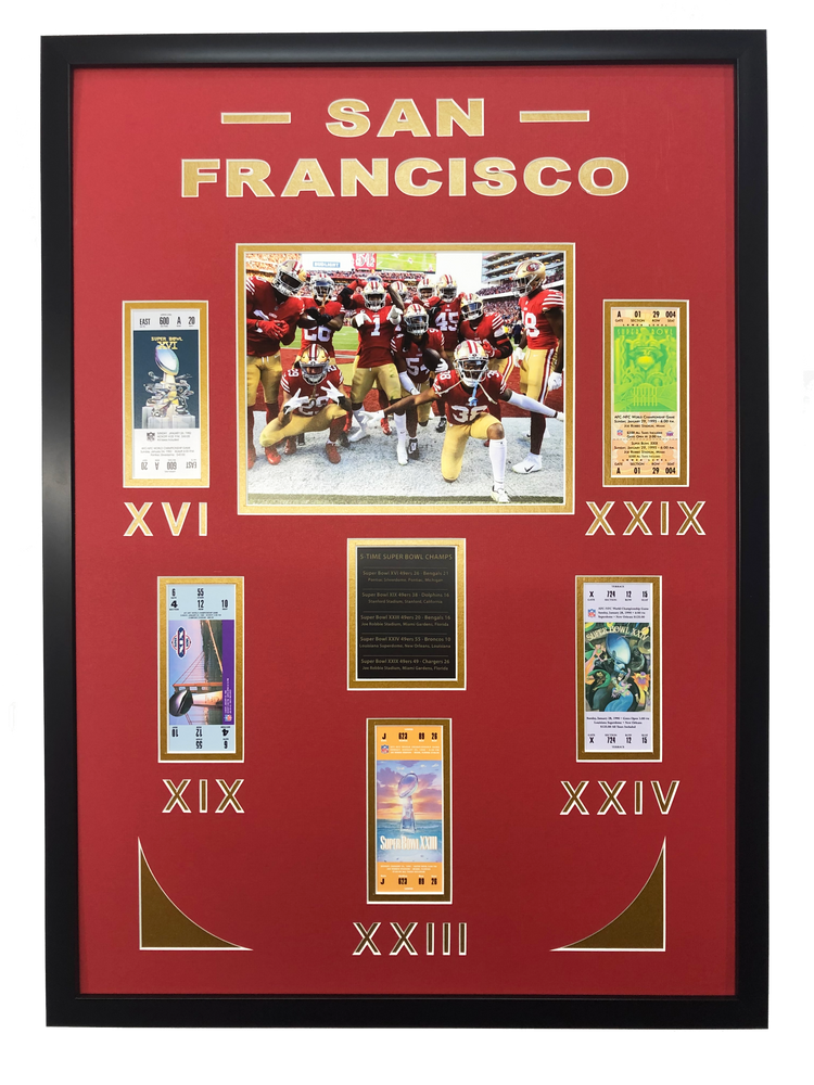 Framed San Francisco 49ers 5x Super Bowl Champions Replica Ticket 20x18 Football Photo Professionally Matted (ONLINE ORDER ONLY)