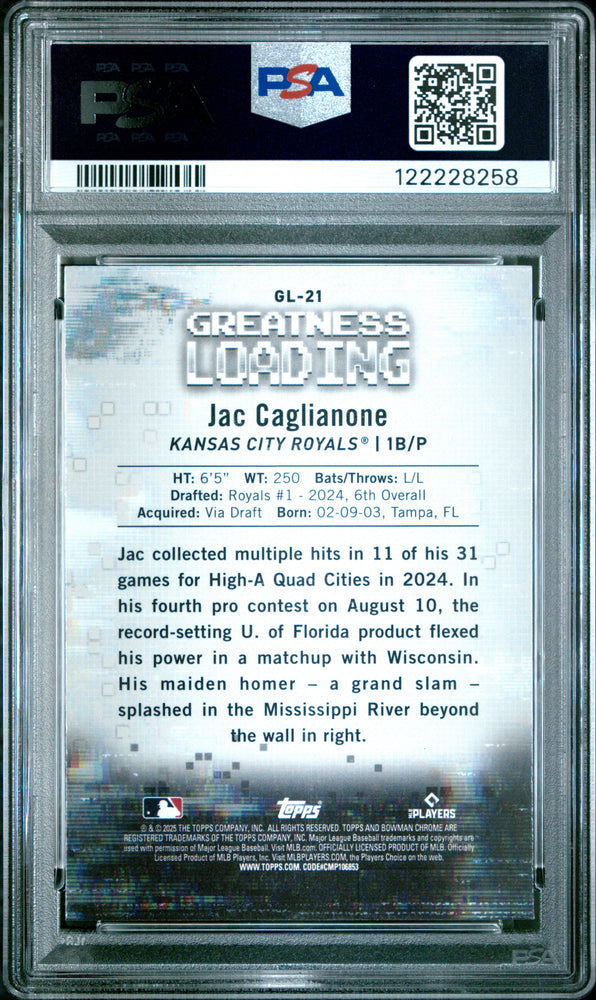 Graded 2025 Topps Bowman Jac Caglianone #GL21 Greatness Loading Rookie RC Baseball Card PSA 9 Mint (ONLINE ORDER ONLY)