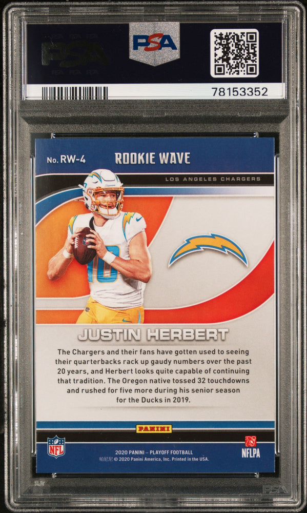 Graded 2020 Panini Playoff Justin Herbert #RW4 Rookie Wave Rookie RC Football Card PSA 10 Gem Mint (ONLINE ORDER ONLY)
