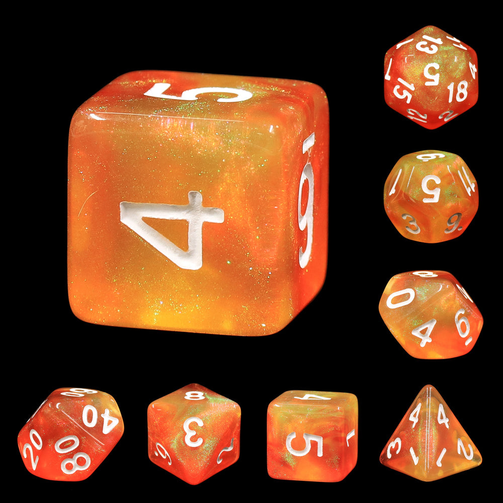 Walking the Sun Orange/Yellow Glitter 7-Dice Set by HendgaDice (Online Only)