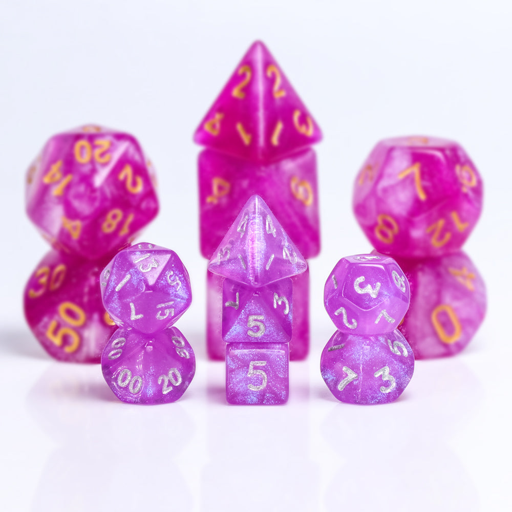 Glitter Pink 7-Dice Mini-Dice RPG Set w/Silver Numbers Miniature Dice (Online Only)