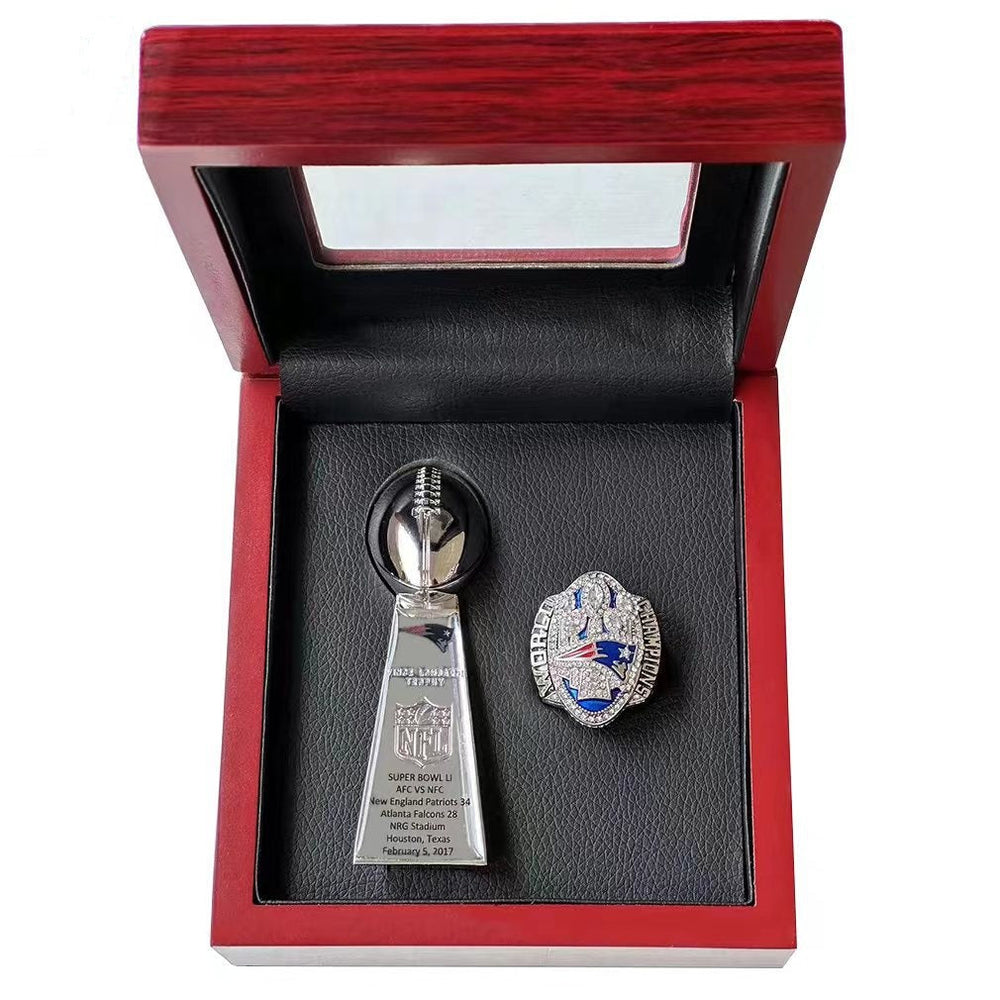 New England Patriots Super Bowl Championship Ring & Trophy Set– 2002, 2004, 2005, 2015, 2017 & 2019