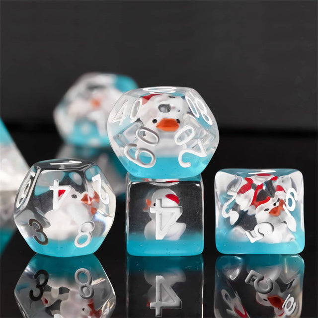 White Duck Red Hat on Blue 7-Dice Set w/White Numbers Dnd Dice Set (Online Only)