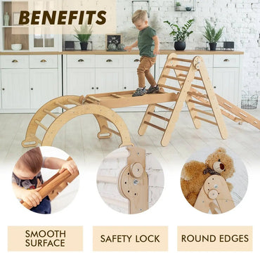 4in1 Montessori Climbing Set: Triangle Ladder + Arch/Rocker + Slide Board/Ramp + Climbing Net – Beige (ONLINE ORDER ONLY)
