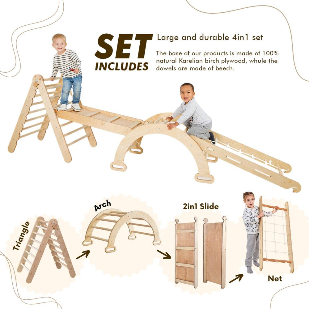 4in1 Montessori Climbing Set: Triangle Ladder + Arch/Rocker + Slide Board/Ramp + Climbing Net – Beige (ONLINE ORDER ONLY)
