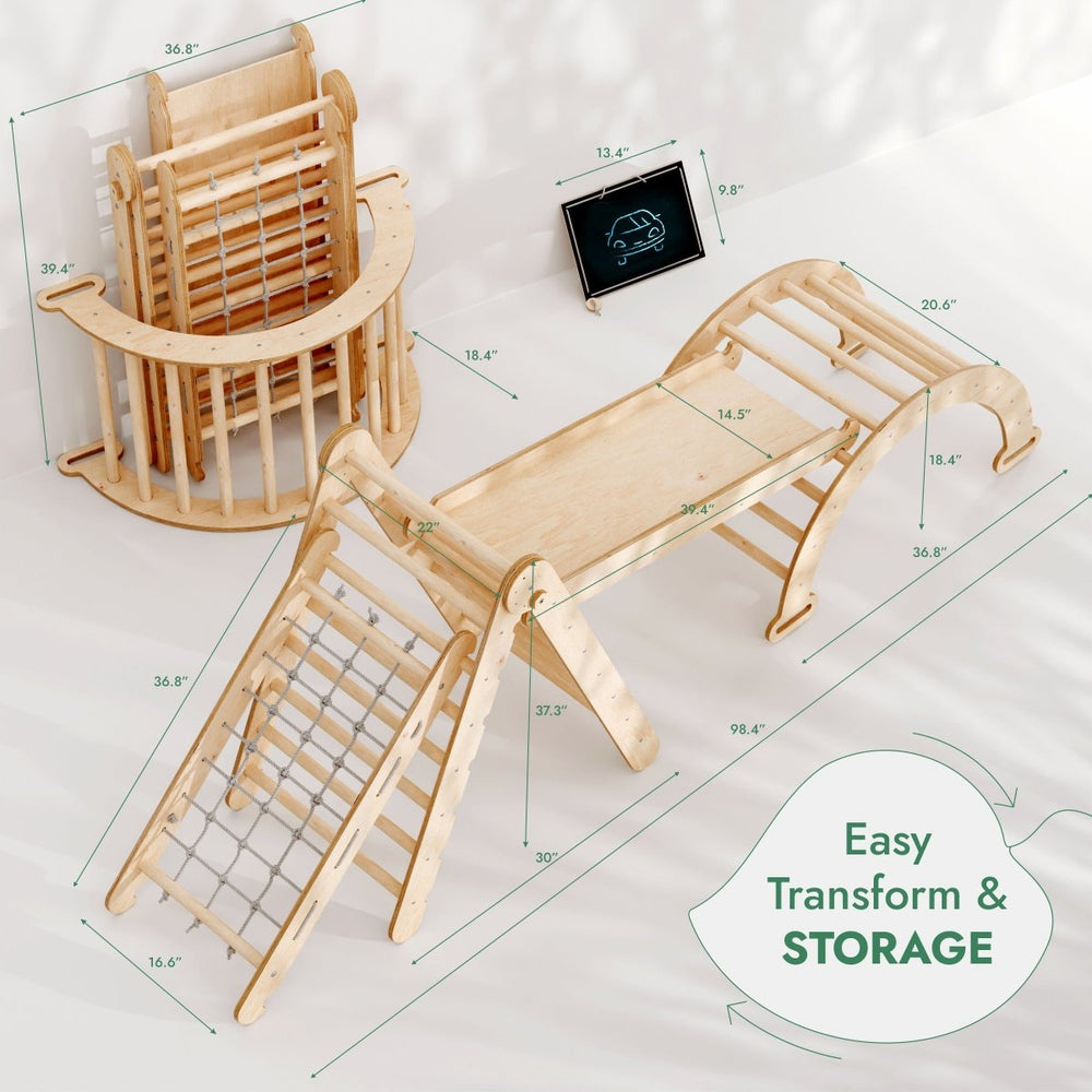 4in1 Montessori Climbing Set: Triangle Ladder + Arch/Rocker + Slide Board/Ramp + Climbing Net – Beige (ONLINE ORDER ONLY)