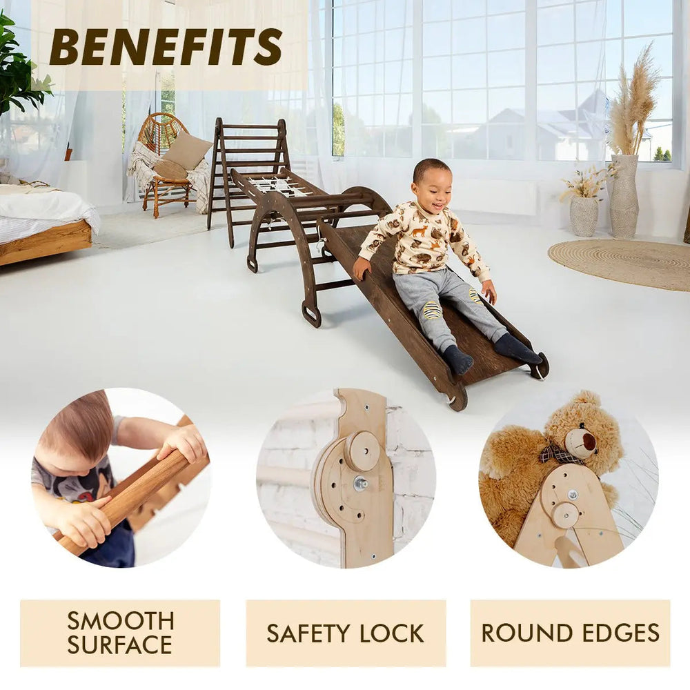 3in1 Montessori Climbing Set: Triangle Ladder + Slide Board + Net – Chocolate (ONLINE ORDER ONLY)