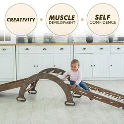 The 4in1 Montessori Climbing Set consists of: Triangle Ladder + Arch/Rocker + Slide Board/Ramp + Net – Chocolate (ONLINE ORDER ONLY)