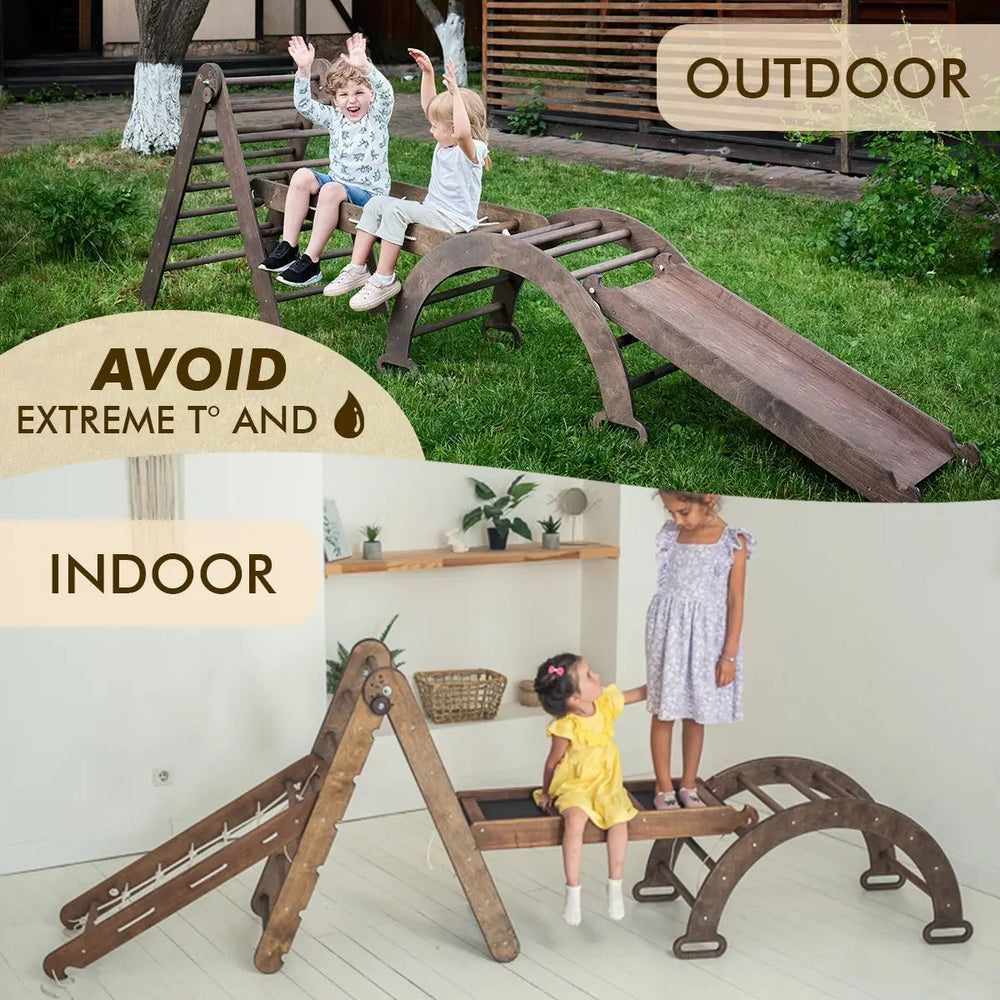 3in1 Montessori Climbing Set: Triangle Ladder + Slide Board + Net – Chocolate (ONLINE ORDER ONLY)