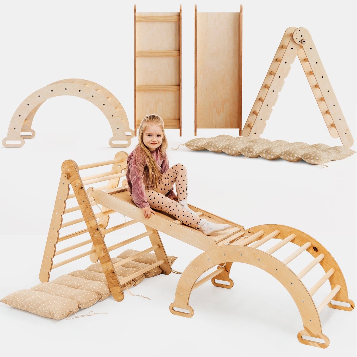 4in1 Montessori Climbing Set: Triangle Ladder + Climbing Arch + Slide Board & Cushion – Beige (ONLINE ORDER ONLY)