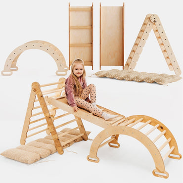 4in1 Montessori Climbing Set: Triangle Ladder + Climbing Arch + Slide Board & Cushion – Beige (ONLINE ORDER ONLY)
