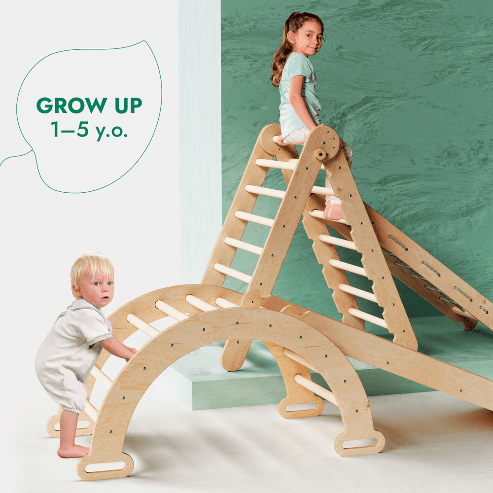 4in1 Montessori Climbing Set: Triangle Ladder + Climbing Arch + Slide Board + Net – Beige (ONLINE ORDER ONLY)