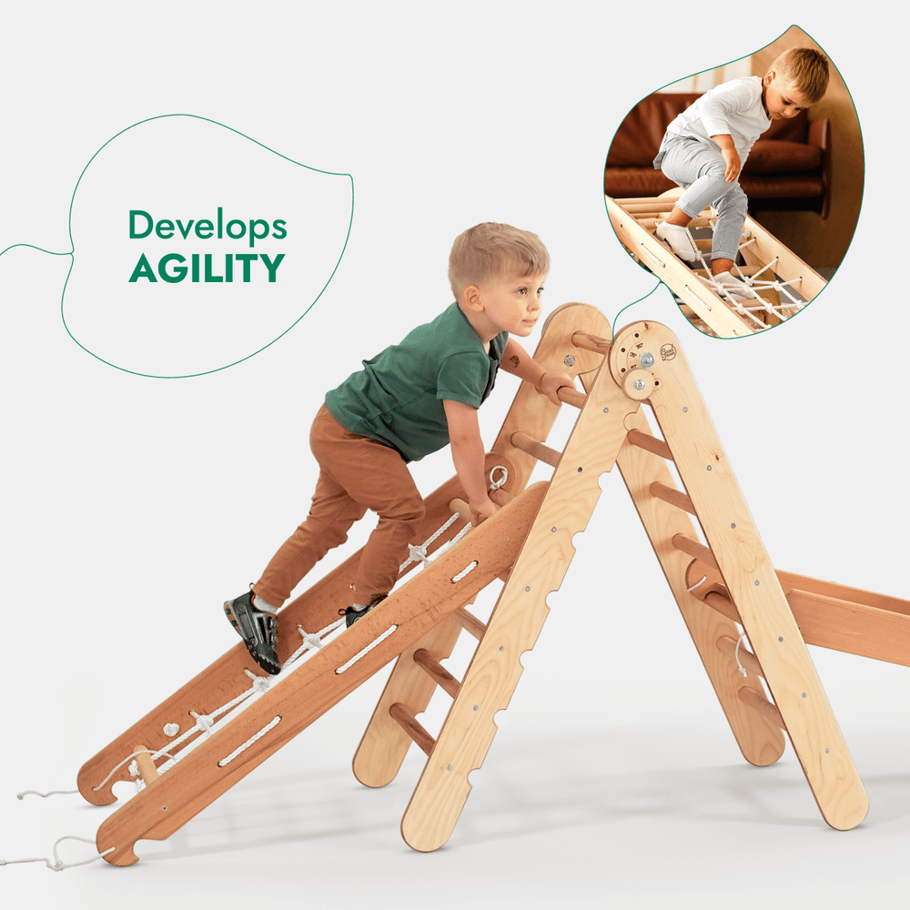 4in1 Montessori Climbing Set: Triangle Ladder + Climbing Arch + Slide Board + Net – Beige (ONLINE ORDER ONLY)