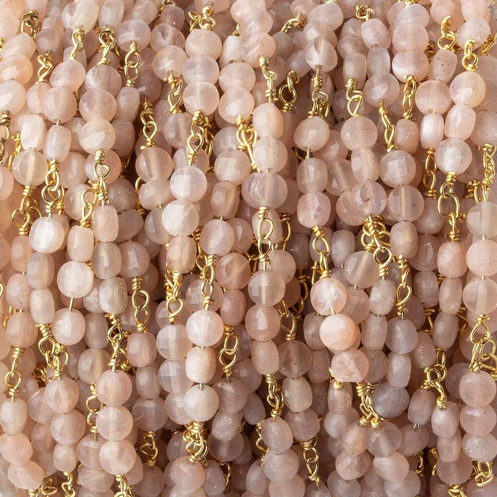 4mm Angel Skin Peach Moonstone faceted coin Trio Gold Chain by the foot 54 beads per length (ONLINE ORDER ONLY)