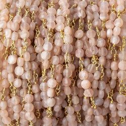 4mm Angel Skin Peach Moonstone faceted coin Trio Gold Chain by the foot 54 beads per length (ONLINE ORDER ONLY)