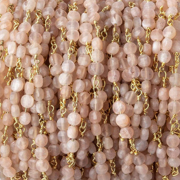 4mm Angel Skin Peach Moonstone faceted coin Trio Gold Chain by the foot 54 beads per length (ONLINE ORDER ONLY)